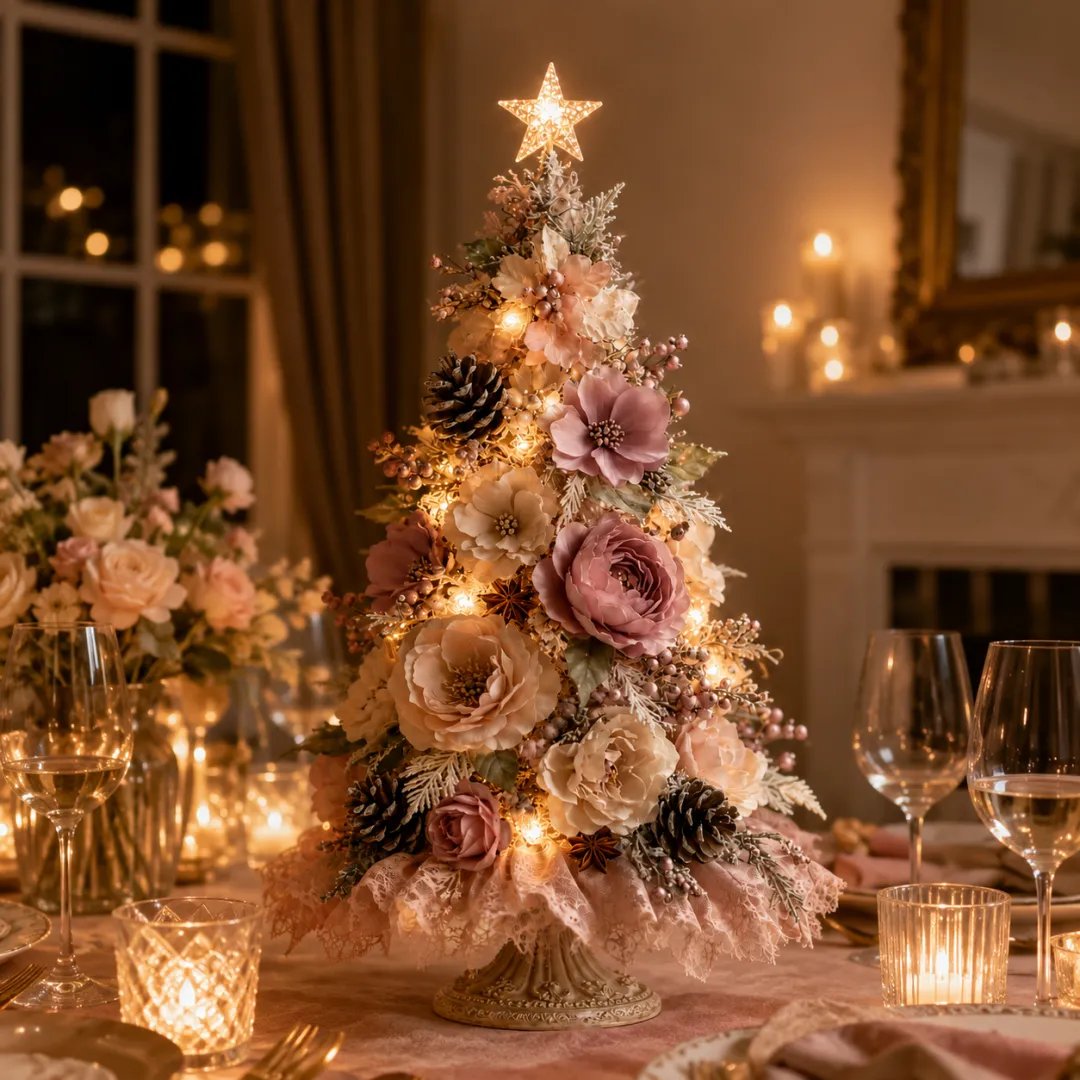 Hand holding remote control to adjust warm illumination on blush tree