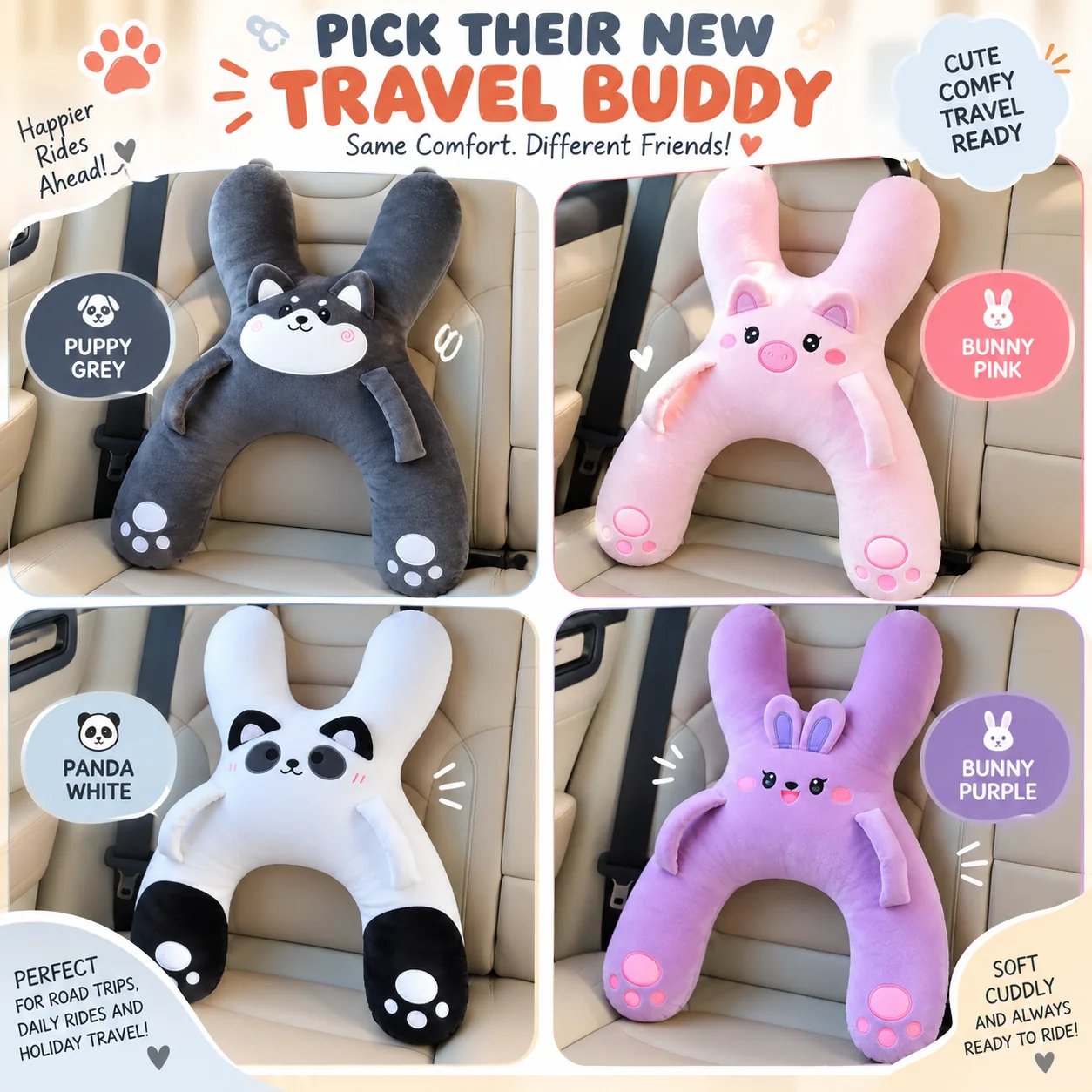 Four kids animal travel pillow styles