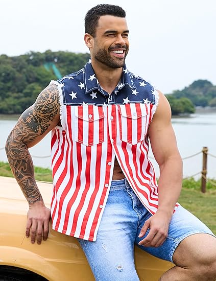 Yuanbang 4th of July Men’s American Flag Denim Vest USA 250th Birthday Independence Day Sleeveless Summer Casual Jacket Patriotic Style Outdoor Fashion Menswear Father's Festival Dad Gifts Guys Love Top Summer Wins