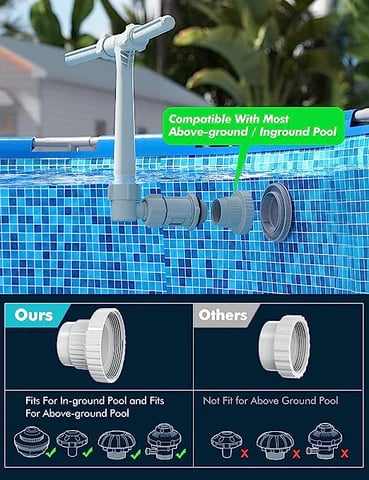💦【Perfect for Most Swimming Pools】 Simple additional adapter design compatible with most 1 ½" Inground Pool return jet and 1 ½" / 1 ¼" Above Ground Pool inlet/outlet fittings. 💦【Perfect for Most Swimming Pools】 Simple additional adapter design compatible with most 1 ½" Inground Pool return jet and 1 ½" / 1 ¼" Above Ground Pool inlet/outlet fittings.
