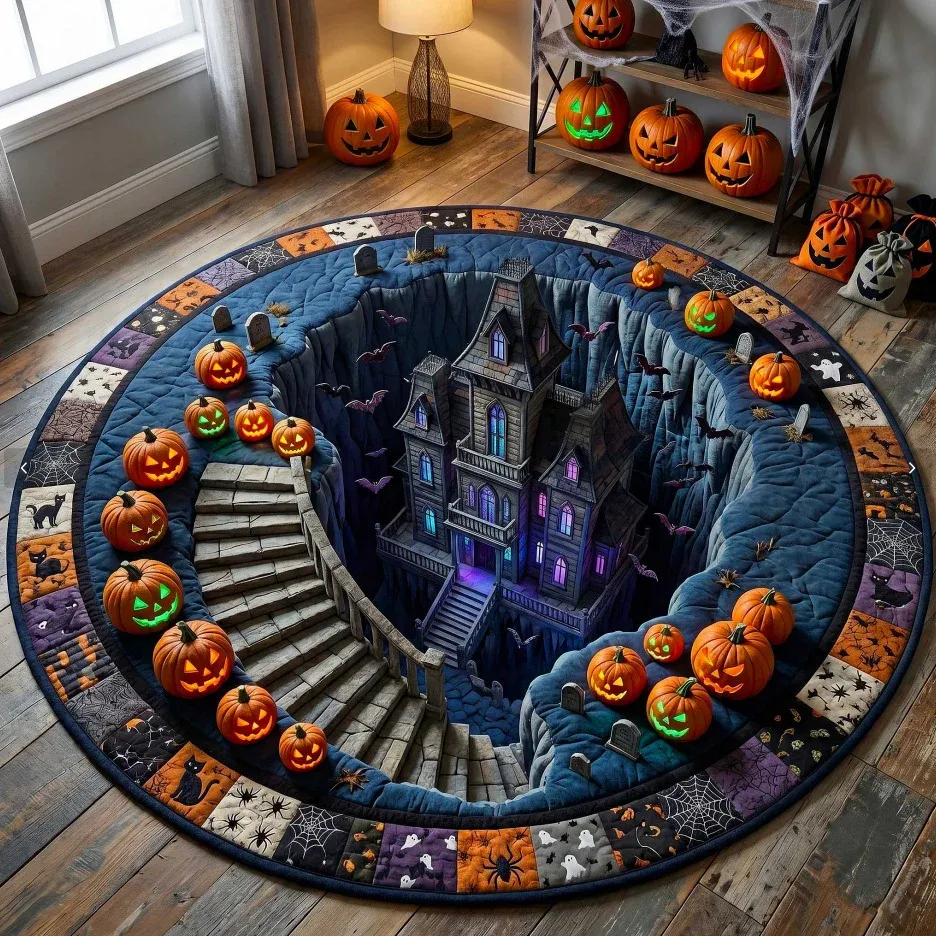 Castle haunted staircase round Halloween rug