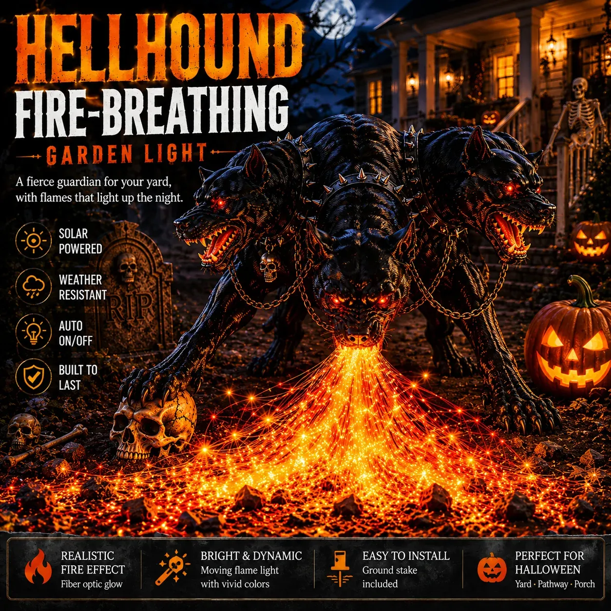 Fire breathing hellhound solar Halloween decoration