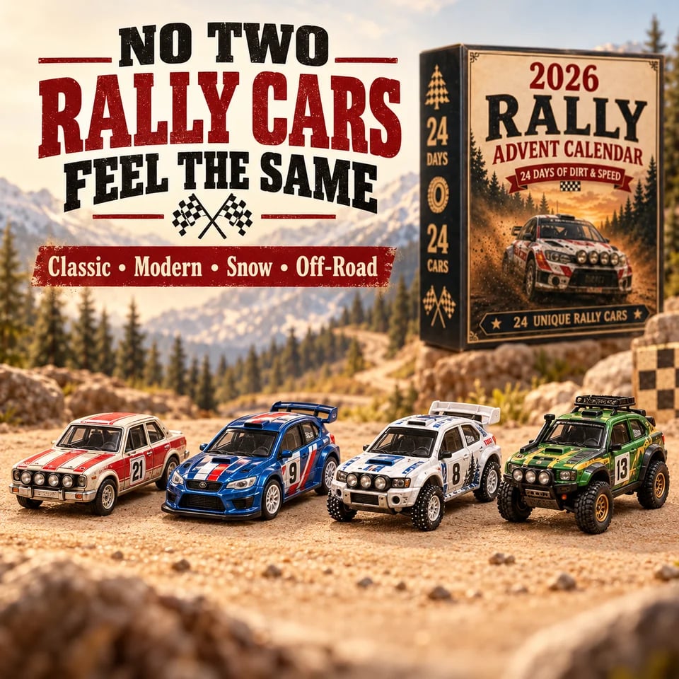 Four different rally car miniatures beside the Advent Calendar